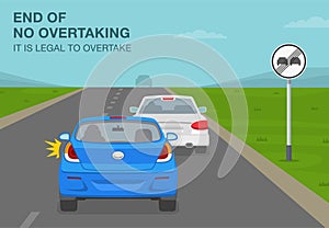 End of no overtaking sign meaning. It\'s legal to overtake. Car passing on country road. photo