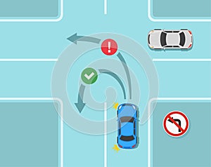Safe car driving tips and traffic regulation rules. No left turn road sign rule on crossroads.