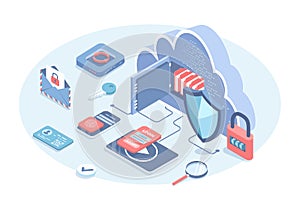 Safe cloud storage, data protection, network and information security. Secure connection.