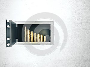 Safe in concrete wall with growth money coins