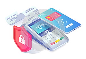 Safe Contactless payment via smartphone isometric concept. 3d Mobile phone face id payment with payment machine behind