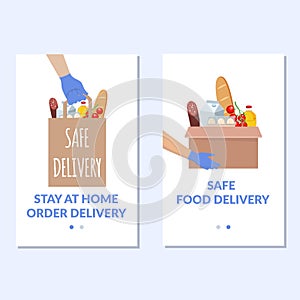 Safe delivery banner set. Vector food donation craft bag with different products in it. Delivery of the product during