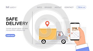 Safe delivery concept, courier driving a yellow delivery car, hand holding a phone with tracking courier`s location