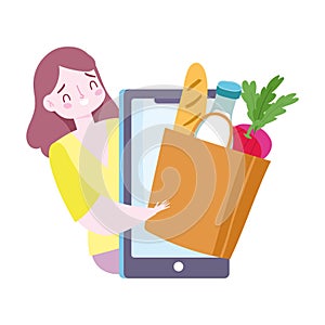 Safe delivery at home during coronavirus covid 19 , online service ordering food, woman with smartphone