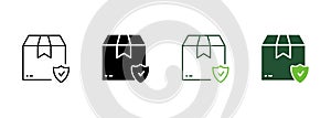 Safe Delivery Shield Silhouette and Line Icon. Parcel Box Secure Transportation Pictogram. Insurance Safety Shipping