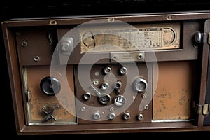 safe deposit box, with combination dial and keyhole visible