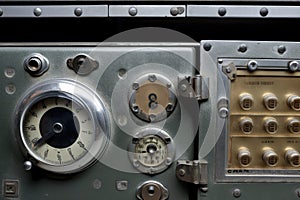 safe deposit box, with combination dial and keyhole visible