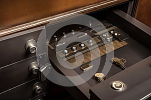 safe deposit box with combination lock, key, and keyhole view