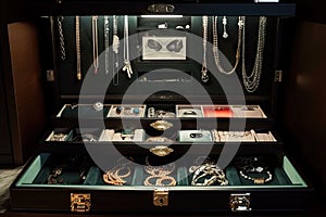 safe deposit box filled with jewelry, watches, and other valuables
