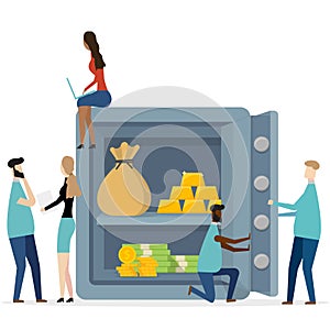 Safe deposit, cash deposit, bank employees, investing money concept. Vector illustration