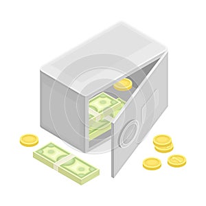 Safe Deposit with Dollar Banknote and Coins as Financial Accounting and Summary Isometric Vector Composition