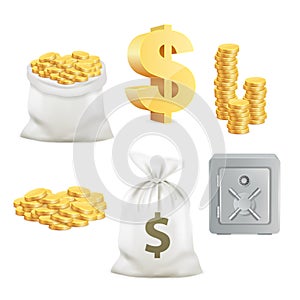 Safe, dollar sign, gold coin and moneybag. 3d vector icon set photo