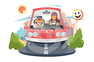 Safe driving mother with baby children car trip.