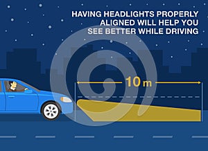 Safe driving at night. Using low and high beam headlights tips. Having headlights properly aligned will help you see better.