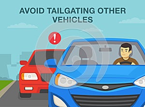 Safe driving rules and tips. Avoid tailgating other vehicles. Young male driver looking at rear mirror while driving a car.