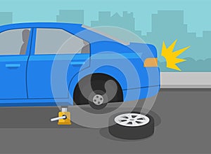 Safe driving tips and rules. Broken blue car on a city road. Changing flat tire using car jack.
