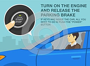 Safe driving tips and rules. Turn on the engine and release the parking brake. Close-up of male driver pushing the power button.