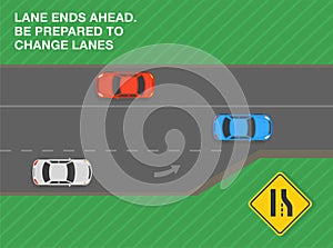 Safe driving tips and traffic regulation rules. Lane ends ahead, be prepared to change lanes. Road sign meaning.