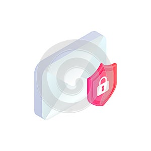 Safe e-mail service isometric icon. Secure Mobile mail, 3d email sign with padlock. Private data in social network, sms chat