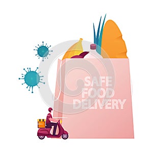 Safe Food Delivery. Courier Character Delivering Grocery Order to Home of Customer with Mask and Gloves