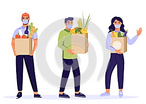 Safe food delivery service. People receive grocery products bag. Online order.