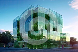 Safe Glass Faade On Sustainable Green Building Designed To Withstand Extreme Weather Conditions. Generative AI photo