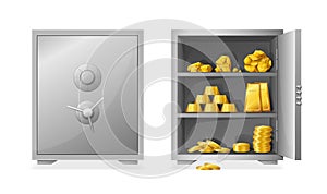 Safe with gold. Cartoon hidden golden bars. Open or closed strongbox. Money storage. Metal ingot and nugget heaps. Steel