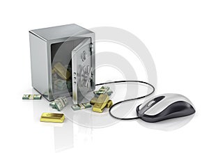 Safe with gold and money and computer mouse.