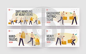 Safe Handling of Heavy Items Landing Page Template Set. Right Wrong Manual Lifting of Goods. Character Carry Boxes