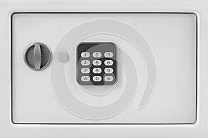 Safe isolated on white background; electronic code lock on the safe.