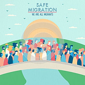 Safe migration concept of people crossing bridge