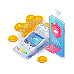 Safe mobile cashless payments, online payment protection isometric concept. 3d POS terminal, NFC payment via smartphone