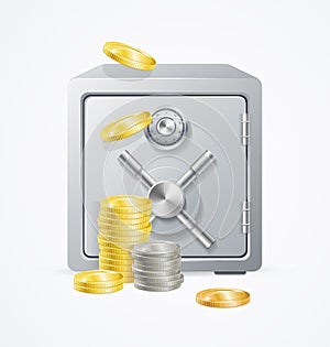 Safe and Money. Different Coins. Vector