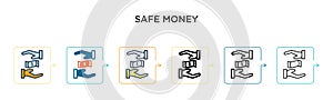Safe money vector icon in 6 different modern styles. Black, two colored safe money icons designed in filled, outline, line and