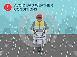 Safe motorcycle riding rules and tips. Avoid bad weather conditions. Motorcycle riding on a rainy and slippery road.