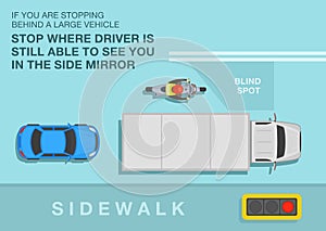 Stop where driver is still able to see you in the side mirror. Top view of motorcycle stopped outside of the blind spot area. photo