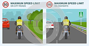 Maximum speed on city roads and highways. Back view of a motorcyclist on road.