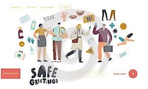 Safe Noncontact Greet Landing Page Template. Friends or Colleagues Characters Alternative Greeting During Coronavirus photo