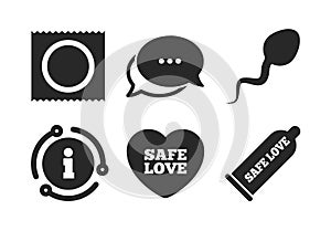 Safe sex love icons. Condom in package symbols. Vector