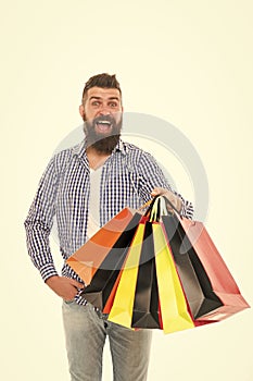 Safe shopping. Consumer protection concept. Man happy consumer hold shopping bags. Buy and sell. Consumer protection