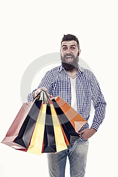 Safe shopping. Consumer protection concept. Man happy consumer hold shopping bags. Buy and sell. Consumer protection