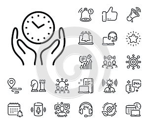 Safe time line icon. Clock sign. Hold watch. Place location, technology and smart speaker. Vector