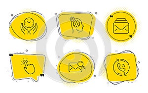 Safe time, Mail and Touchpoint icons set. Thoughts, Search mail and Call center signs. Vector