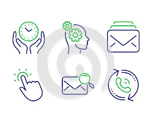 Safe time, Mail and Touchpoint icons set. Thoughts, Search mail and Call center signs. Vector