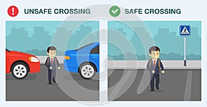 Safe and unsafe crossing. Male school kid crossing the street between parked vehicles or on crosswalk.