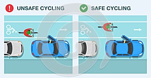 Safe and unsafe cycling. Avoiding the door zone. Top view of a cyclist and parked cars.