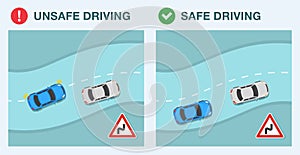 Safe and unsafe driving on a curve road. Series of turns or curves on the road ahead sign area.