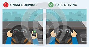 Safe and unsafe driving. Incorrect and correct hand position to hold steering wheel. Do not use phone while driving.