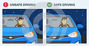 Safe and unsafe driving at night. Close-up front view of a drowsy driver on city road.