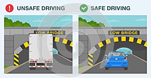 Safe and unsafe driving. Semi-trailer and sedan car goes under the low bridge.